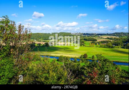 Vista della Ruhr e del paesaggio verde circostante dal pendio della Ruhr. Natura sul fiume vicino a Hattingen nella zona della Ruhr. Foto Stock