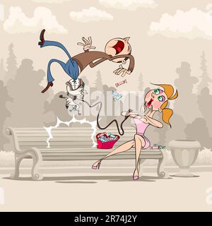 A San Valentino ragazza del male cane morde un ragazzo. Illustrazione Vettoriale