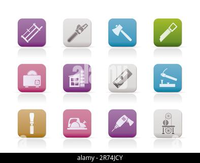 Industria del legno e utensili per la lavorazione del legno icone - vettore icona impostare Illustrazione Vettoriale