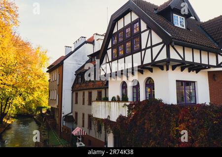 Olsztyn Polonia Ottobre 2022 famose attrazioni turistiche architettura destinazioni di viaggio a Olsztyn. Strada del Municipio della Città Vecchia sulla Piazza del mercato. Visita la Polonia Foto Stock