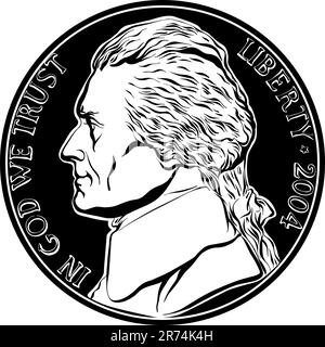 Jefferson nickel, moneta americana, moneta da cinque centesimi degli Stati Uniti con Jefferson, terzo presidente degli Stati Uniti su Obverse. Immagine in bianco e nero Illustrazione Vettoriale