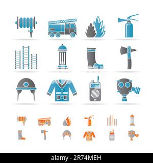 Vigili del fuoco e di apparecchiature antincendio icona vettore - icona impostare Illustrazione Vettoriale