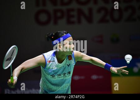 Giacarta, Indonesia. 13th giugno, 2023. Il Tai Tzu Ying di Taipei Cinese serve durante la partita femminile di single del primo turno contro il China's Han Yue all'Indonesia Open 2023 a Giacarta, Indonesia, 13 giugno 2023. Credit: Xu Qin/Xinhua/Alamy Live News Foto Stock