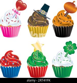 Vettore di sei diversi Cupcakes per le vacanze. Natale, Halloween, Ringraziamento, San Valentino, giorno dell'indipendenza e San Patricks Day. Illustrazione Vettoriale