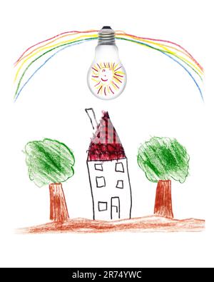 Energia elettrica sostenibile per una casa di famiglia come componendo con bambini disegno Foto Stock