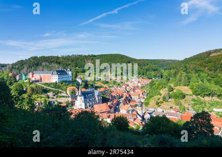 Südharz, Schloss Stolberg Castello, chiesa di San Martini, torre Saigerturm, frazione Stolberg a Harz, Sassonia-Anhalt, Germania Foto Stock