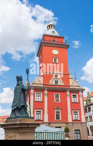 Gotha, piazza Hauptmarkt, il Vecchio Municipio, fontana Gothardusbrunnen in Turingia, Germania Foto Stock