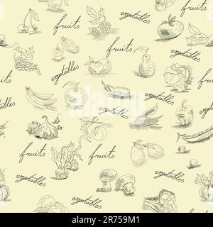 Carta da parati senza cuciture con frutta e verdura Illustrazione Vettoriale