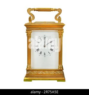 Autentico orologio da tavolo placcato oro antico isolato su uno sfondo bianco Foto Stock