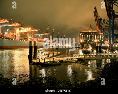 Navi portacontainer nel porto di Walterhofer, Amburgo Foto Stock