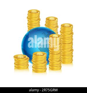 Illustrazione del dollaro monete con globo su sfondo bianco Illustrazione Vettoriale