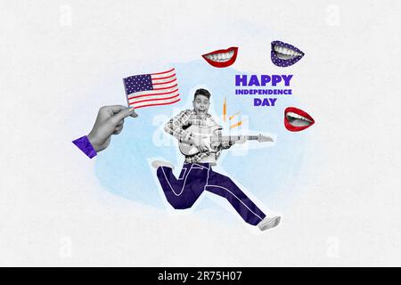 Creative template graphics collage image of excited funky guy playing guitar godendo 4th luglio isolato sfondo di colore bianco Foto Stock