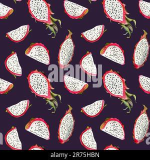 Frutti di drago viola scuro e rosa motivo senza cuciture con acquerello disegni pitaya sfondo. Illustrazione disegnata a mano Foto Stock