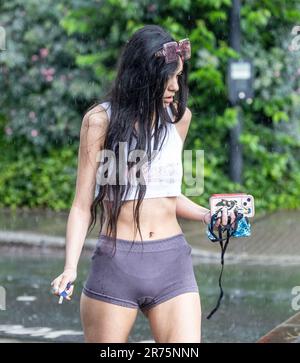 PIC show: Flash storm hits Londra Highgate adoratori del sole sono stati catturati da tuoni e fulmini in Highgate North London Dress per l'onda di calore Foto Stock