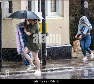 PIC show: Flash storm hits Londra Highgate adoratori del sole sono stati catturati da tuoni e fulmini in Highgate North London Dress per l'onda di calore Foto Stock