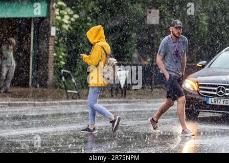 PIC show: Flash storm hits LondonHighgate adoratori del sole sono stati catturati da tuoni e fulmini in Highgate North London Dress per l'onda di calore Foto Stock
