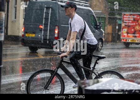 PIC show: Flash storm hits Londra Highgate adoratori del sole sono stati catturati da tuoni e fulmini in Highgate North London Dress per l'onda di calore Foto Stock