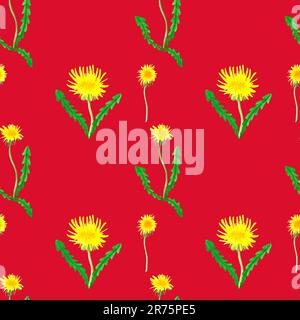 Fiori di dente di leone giallo, disegnati a mano - motivo floreale senza cuciture su sfondo colorato Foto Stock
