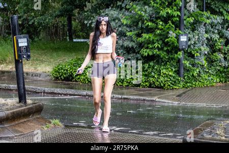 PIC show: Flash storm hits Londra Highgate adoratori del sole sono stati catturati da tuoni e fulmini in Highgate North London Dress per l'onda di calore Foto Stock