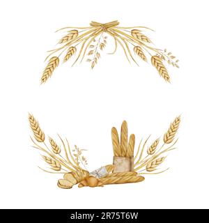 Spikelets di grano, segale, corone di grano con croccanti baguette francesi in borsa, croissant e pane fresco a fette. Illustrazione ad acquerello disegnata a mano Foto Stock