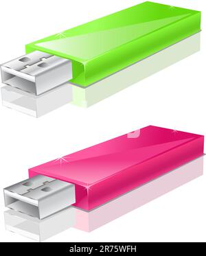 unità flash usb verde e rosa isolata su sfondo bianco Illustrazione Vettoriale