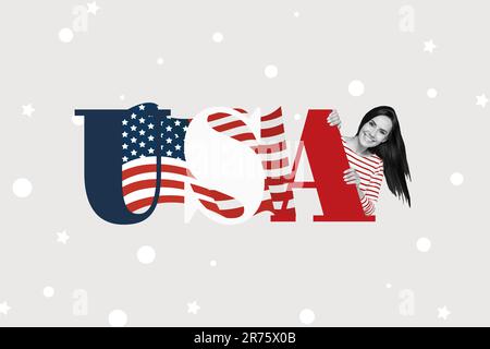 Immagine collage di positivo effetto bianco nero ragazza peek dietro bandiera nazionale usa indipendenza etichetta giorno isolato su sfondo grigio Foto Stock