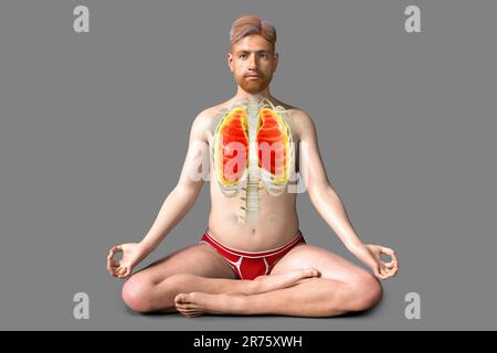 Regolazione respiratoria e respirazione nello yoga, illustrazione al computer. Anatomia della posizione di yoga del loto, o padmasana. Recupero e prevenzione di covid-19 Foto Stock