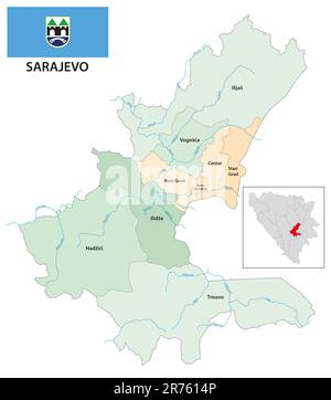 Mappa vettoriale amministrativa del cantone e della città di Sarajevo, Bosnia-Erzegovina Foto Stock