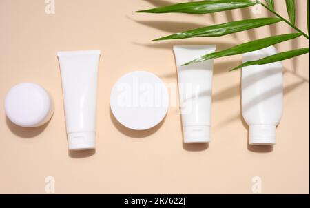 Tubi di plastica bianca, vasi, e rami di gypsofila su uno sfondo beige, contenitori per creme cosmetiche e gel, pubblicità e promozione di marca, a. Foto Stock