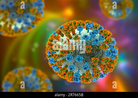 Virus influenzale. Illustrazione che mostra un virus influenzale con picchi di glicoproteina di superficie emagglutinina (ha, trimero) e neuraminidasi (NA, tetramero). Il g Foto Stock