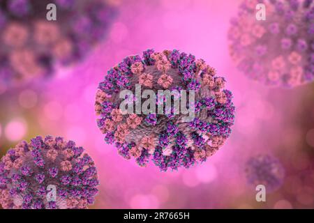 Virus influenzale. Illustrazione che mostra un virus influenzale con picchi di glicoproteina di superficie emagglutinina (ha, trimero) e neuraminidasi (NA, tetramero). Il g Foto Stock