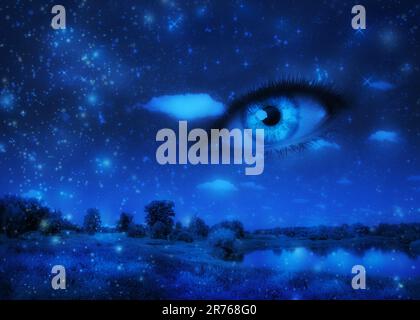 Paesaggio notturno surreale con 3D occhio umano nel cielo, illustrazione astratta. Foto Stock