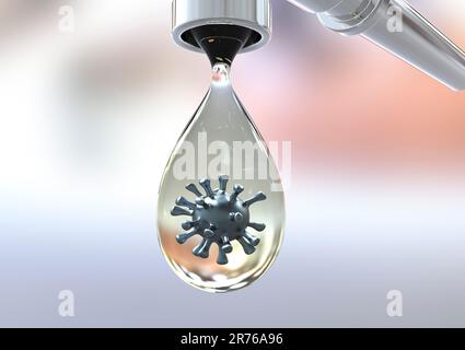 Sicurezza dell'acqua potabile, immagine concettuale che mostra il virus in una goccia di acqua di rubinetto. Foto Stock