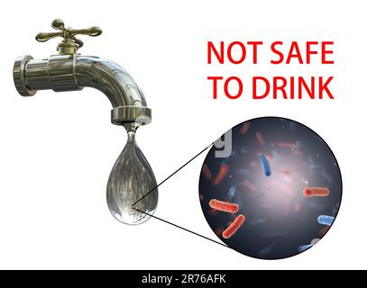Sicurezza dell'acqua potabile, immagine concettuale che mostra i microbi in una goccia di acqua di rubinetto. Foto Stock