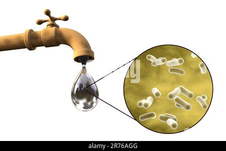 Sicurezza dell'acqua potabile, immagine concettuale che mostra i microbi in una goccia di acqua di rubinetto. Foto Stock