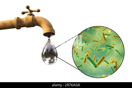 Sicurezza dell'acqua potabile, immagine concettuale che mostra i microbi in una goccia di acqua di rubinetto. Foto Stock