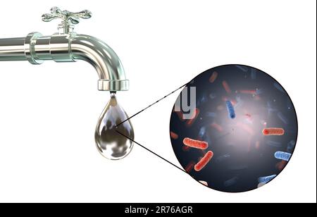 Sicurezza dell'acqua potabile, immagine concettuale che mostra i microbi in una goccia di acqua di rubinetto. Foto Stock