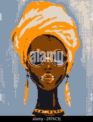 Ragazza africana in abito nazionale con gioielli in stile pixel art. Illustrazione a colori per la progettazione Foto Stock