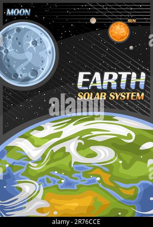 Vector Poster for Earth, banner verticale con illustrazione di una luna satellite rotativa intorno al pianeta terra cartoon su sfondo nero stellato, de Illustrazione Vettoriale