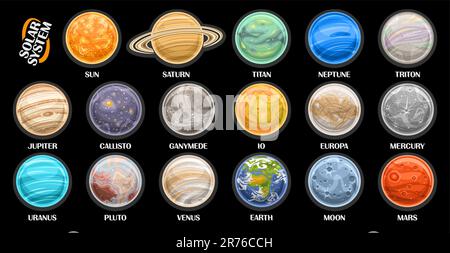 Vector Planet set, collezione lotto di illustrazioni di sistema solare pianeti e satelliti cartoon, set di diversi corpi celesti rotondi superficie Illustrazione Vettoriale