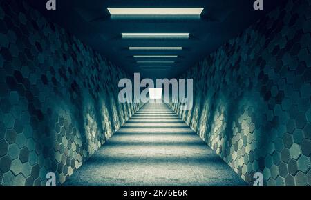 tunnel in calcestruzzo con finestre a soffitto e pareti a motivi esagonali. rendering 3d Foto Stock