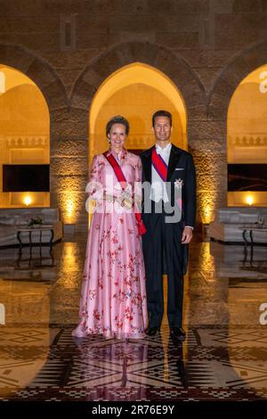 Amman, Giordania. 01st giugno, 2023. Alois, Principe ereditario e Reggente del Liechtenstein e Duchessa Sophie posano mentre frequentano il banchetto di matrimonio reale del principe ereditario Giordano al Hussein bin Abdullah II al Palazzo al Husseinieh di Amman, in Giordania, il 1st giugno 2023. Foto di Balkis Press/ABACAPRESS.COM Credit: Abaca Press/Alamy Live News Foto Stock