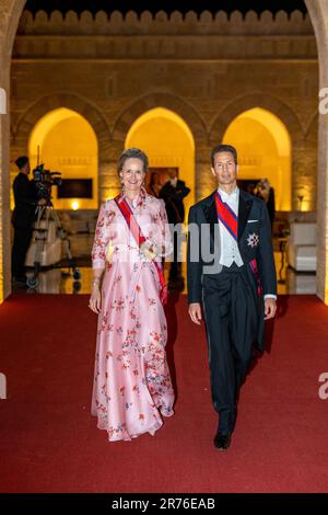 Amman, Giordania. 01st giugno, 2023. Alois, Principe ereditario e Reggente del Liechtenstein e Duchessa Sophie posano mentre frequentano il banchetto di matrimonio reale del principe ereditario Giordano al Hussein bin Abdullah II al Palazzo al Husseinieh di Amman, in Giordania, il 1st giugno 2023. Foto di Balkis Press/ABACAPRESS.COM Credit: Abaca Press/Alamy Live News Foto Stock