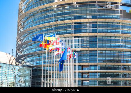 Bandiere dei paesi europei di fronte all'edificio del Parlamento europeo a Strasburgo, regione francese dell'Alsazia Foto Stock