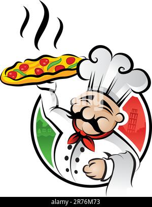 Illustrazione di un cartone animato italiano chef con un pane appena sfornato pizza Illustrazione Vettoriale