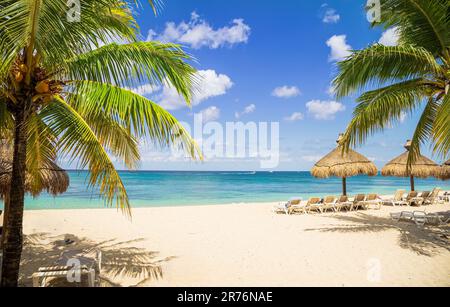 Spiaggia tropicale con palme e barche in lontananza in una giornata di sole Foto Stock