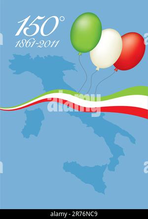 Illustrazione che rappresenta il 150° anniversario dell'unità italiana, con mappa dell'Italia e palloncini e un nastro con i colori della bandiera italiana Illustrazione Vettoriale