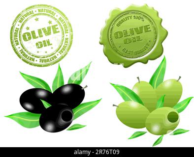 Olive nere e verdi con timbro in gomma grunge e cera sigillante con testo di olio d'oliva scritto all'interno Illustrazione Vettoriale