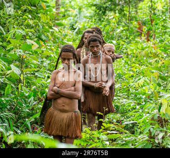 Gli abitanti del villaggio della tribù Korowai stanno tornando dalla foresta. Tribù di Korowai (Kombai , Kolufo). Foto Stock