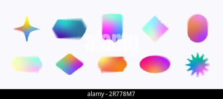 Forme sfocate impostate con effetto aura Y2K. Collezione colorata e contemporanea di elementi olografici in sfumatura decorativa. Banner astratti trendy e afflitti Illustrazione Vettoriale
